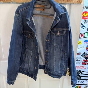 American Eagle Outfitters Blue Denim Jacket with Brown Leather Patch